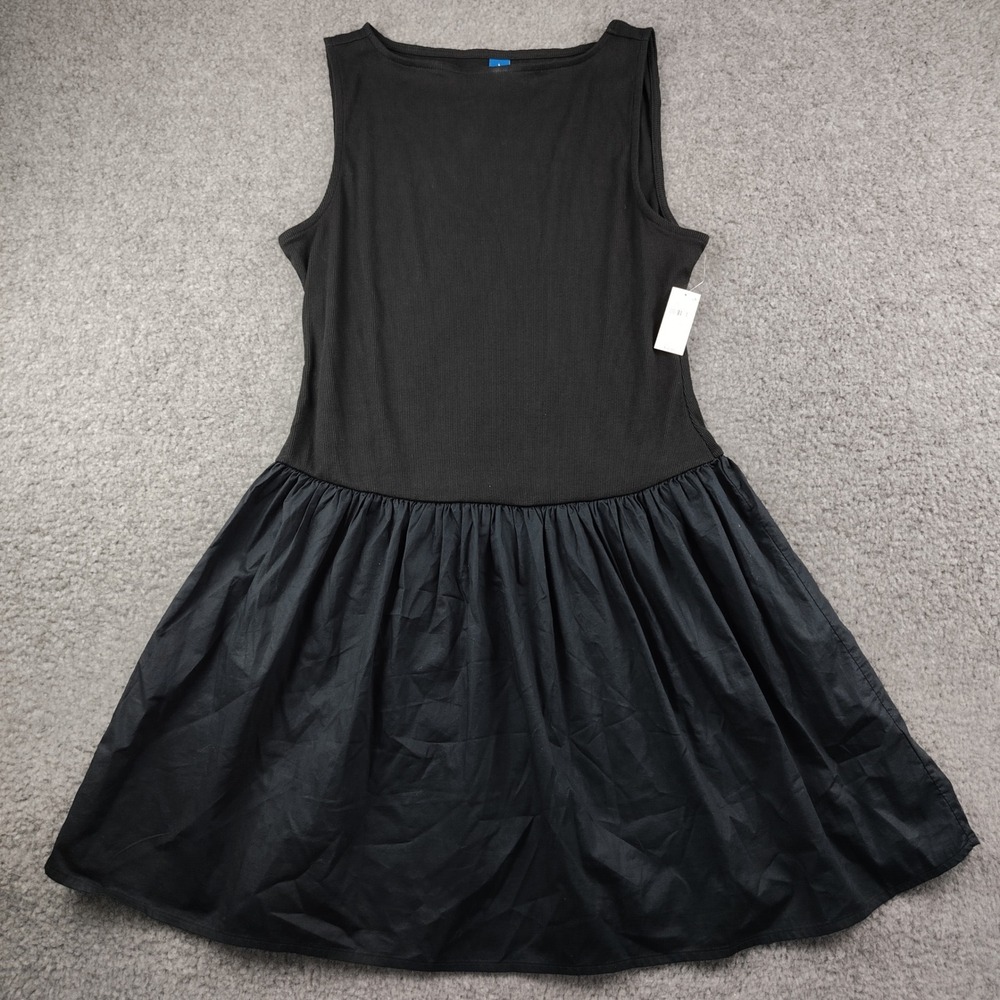 Old Navy Black Mixed-Media Ribbed Poplin Sleeveless Dress Sz Large Stretch NWT